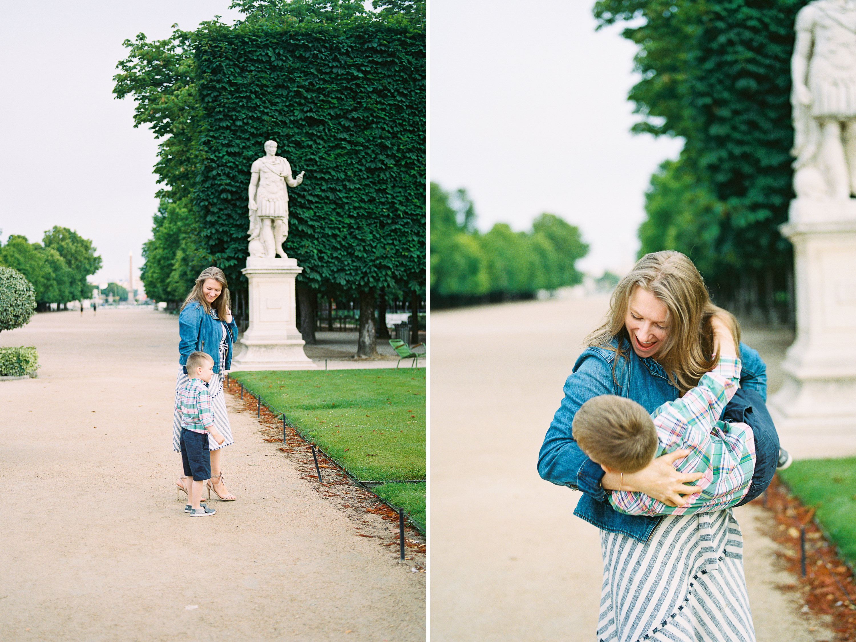 Mother holding son at the Tuileries at the Louvre in Paris
