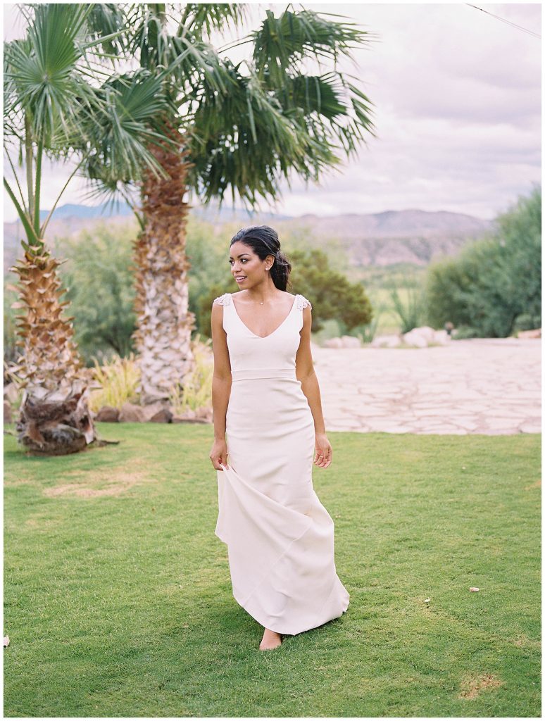 Bridal portrait at Lajitas near big bend wearing Anna Campbell gown
