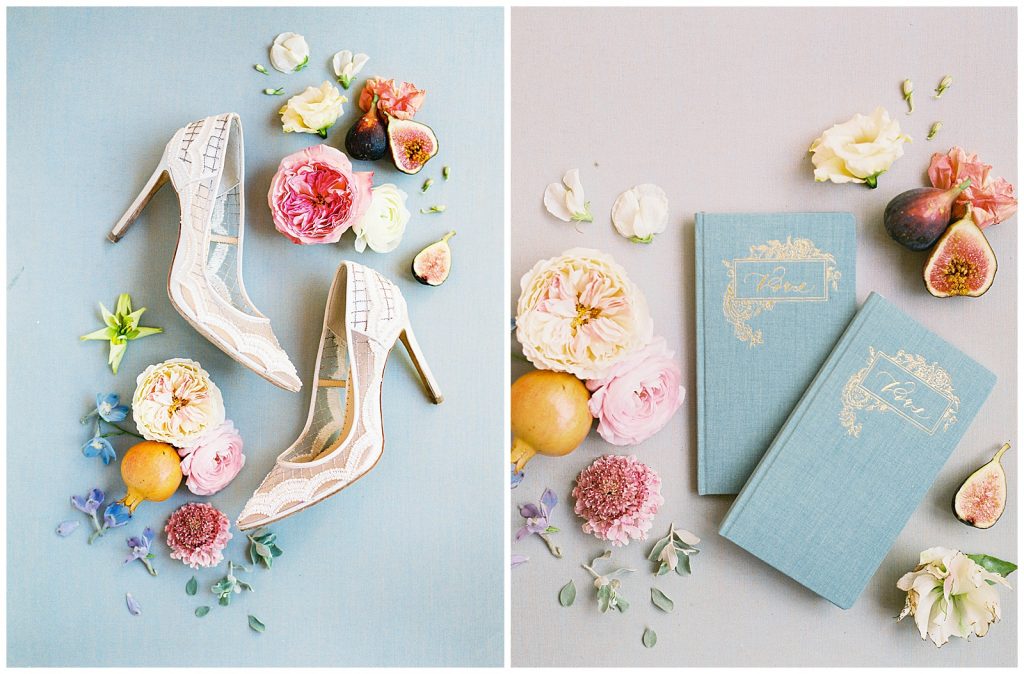 Bella Belle bridal shoes with Seniman Calligraphy vow book for Big Bend Elopement
